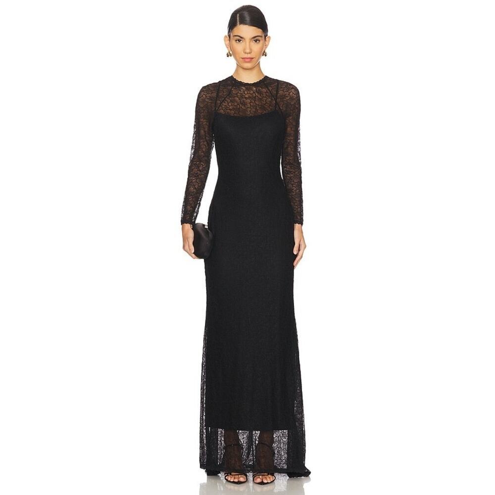 Simkhai Stacy Long Sleeve Lace Gown Dress Round- Neck Black Size 0 NWT